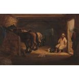 HORACE BEEVOR LOVE (1800-1838) Stable interior with figures, dogs and horses watercolour 12 x 19cms