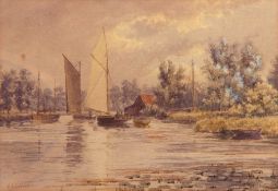 STEPHEN JOHN BATCHELDER (1849-1932) Norfolk river scene with boats watercolour, signed lower left 17