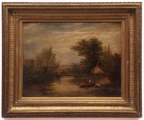 NORWICH SCHOOL (19TH CENTURY) River landscape with figures and cottage oil on canvas 34 x 44cms