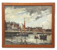 AR JACK COX (1914-2007) Quayside scene oil on board, signed lower right 50 x 60cms