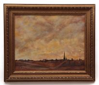DESMOND COSSEY (CONTEMPORARY) "Norwich skyline from Mousehold Heath" oil on board, signed lower left