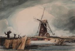 AR LESLIE L HARDY MOORE, RI, (1907-1997) Norfolk landscape with Mill pen, ink and watercolour,