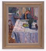 AR GEOFFREY CHATTEN (CONTEMPORARY) Young girl seated at a table oil on board, signed lower right