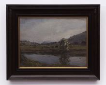 AR CAMPBELL ARCHIBALD MELLON, ROI, RBA (1878-1955) River scene with cattle oil on panel 20 x 28cms