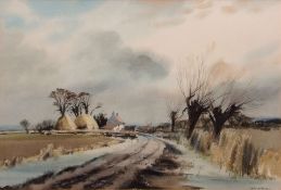 AR LESLIE L HARDY MOORE, RI, (1907-1997) "Marsh Farm near Acle" watercolour, signed lower right 37 x