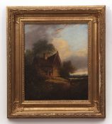 OBADIAH SHORT (1803-1886) Figure before a thatched cottage oil on panel 30 x 24cms