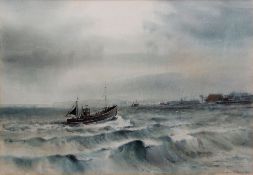AR LESLIE L HARDY MOORE, RI, (1907-1997) Seascape with fishing boat watercolour, signed lower