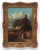 THOMAS SMYTHE (1825-1907) Mother, child and dog before a cottage oil on panel, signed lower left