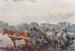 HARRY BECKER (1865-1928) "Loading the muck-cart" watercolour, signed lower left 37 x 54cms