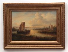 JOHN MOORE OF IPSWICH (1820-1902)Boats becalmed at sunset oil on canvas laid to panel, signed