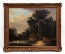 HENRY LADBROOKE (1800-1869) River landscape with two figures by a bridge oil on canvas 62 x 74cms