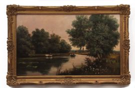 PERCY LIONEL (19TH/20TH CENTURY) River scene with figures in rowing boats oil on canvas, signed