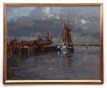 AR GEOFFREY CHATTEN (CONTEMPORARY) "Cambria at Porter's Wharf" oil on board, signed lower left and