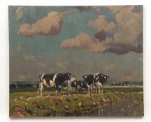 AR ROWLAND FISHER, ROI, RSMA (1885-1969) Cattle grazing on a marsh oil on canvas, signed lower