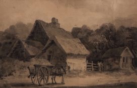 ROBERT DIXON (1780-1815) Pony and cart before a thatched cottage sepia watercolour, signed lower