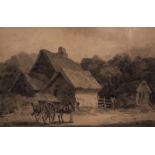 ROBERT DIXON (1780-1815) Pony and cart before a thatched cottage sepia watercolour, signed lower