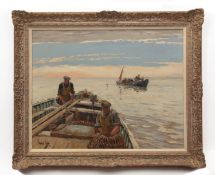 AR ROWLAND FISHER, ROI, RSMA (1885-1969) "Mevagissey Fishermen" oil on canvas, signed lower left