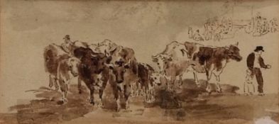HENRY NINHAM (1793-1874)Figures with Cows pen, ink and wash 6 x 11cms