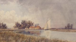 STEPHEN JOHN BATCHELDER (1849-1932) "A Summer shower, near Stracey Arms" watercolour, signed and