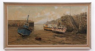 AR JAMES WRIGHT (born 1935) Harbour scene with fishing boats oil on canvas, signed lower right 44