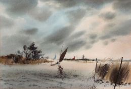AR LESLIE L HARDY MOORE, RI, (1907-1997) "November squally weather, River Thurne" watercolour,