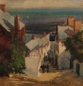 AR CHARLES A HANNAFORD (1887-1972) Coastal street scene with Inn watercolour 18 x 16cms