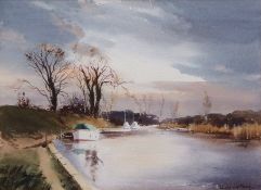 AR LESLIE L HARDY MOORE, RI, (1907-1997) "River Bure, Coltishall" pen, ink and watercolour, signed
