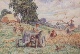 AR TOM W ARMES (1894-1963) Farm scene with tractor and farmworkers watercolour, unsigned but with