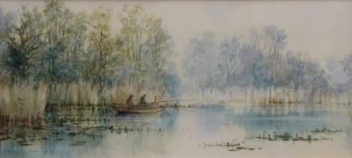 AR COLIN W BURNS (BORN 1944) Broads scene with anglers in a fishing boat watercolour, signed lower