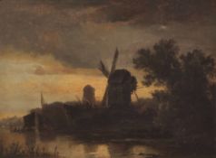 JOHN BERNEY CROME (1794-1842) River landscape with windmills, figure and boathouse oil on canvas