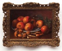 ELOISE HARRIET STANNARD (1829-1915) Still Life study of russets on a blue and white plate with