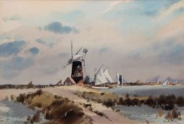 AR LESLIE L HARDY MOORE, RI, (1907-1997) Broadland scene with Mill and boats watercolour, signed