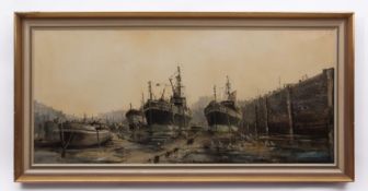 AR COLIN W BURNS (BORN 1944) "Brixham Harbour" oil on canvas, signed lower right 50 x 110cms