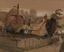 AR EDITH DOROTHY FREEMAN (1894-1987) Two figures before thatched cottages watercolour, signed