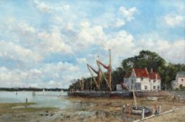 JOHN SUTTON (born 1935) "Barges on the mud, Pin Mill" oil on board, signed lower left 39 x 59cms