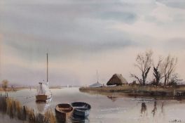 AR LESLIE L HARDY MOORE, RI, (1907-1997) "End of the Season, Hickling" watercolour, signed lower