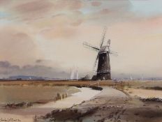 AR LESLIE L HARDY MOORE, RI, (1907-1997) Norfolk landscape with black Mill watercolour, signed lower
