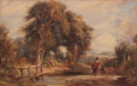 CIRCLE OF JOHN JOSEPH COTMAN (1814-1878) Figures in a country landscape watercolour 45 x 72cms