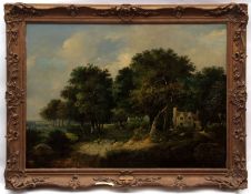 WILLIAM HENRY CROME (1806-1873) Cottages under trees with shepherd driving sheep oil on panel 66 x