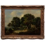 WILLIAM HENRY CROME (1806-1873) Cottages under trees with shepherd driving sheep oil on panel 66 x