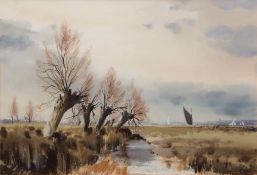 AR LESLIE L HARDY MOORE, RI, (1907-1997) Norfolk Broads watercolour, signed lower right 35 x 52cms