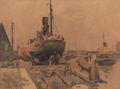 AR ROWLAND FISHER, ROI, RSMA (1885-1969) "Dockyard" watercolour, signed lower left 22 x 30cms
