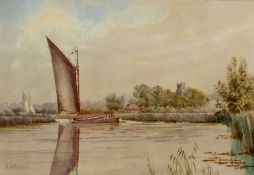 AR WILLIAM EDWARD MAYES (1861-1952) Broads scene with wherry passing a church watercolour, signed