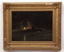 CIRCLE OF JOHN CROME (19TH CENTURY) Moonlit seascape with windmill oil on canvas 30 x 40cms