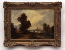 JOSEPH PAUL (1847-1900) River scene with church and windmill oil on canvas 24 x 34cms