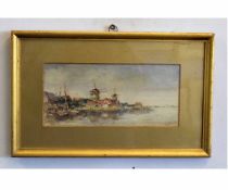 J Marris, signed watercolour, Dutch coastal view with windmills, 10 x 23cms