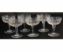 Set of six glass dessert dishes, with a Georgian style design to top, 13cms high