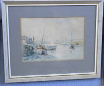 Jack Cox, signed watercolour, "Boats at East Quay, Wells next Sea", 17 x 24cms