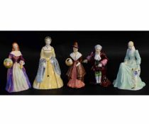 Group of Staffordshire figures and a Coalport figure of Anne Boleyn, also a Laughton Studio figure