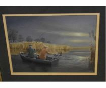 M Standley, signed and dated '91, pastel, Two figures landing a fish from a rowing boat, 27 x 36cms